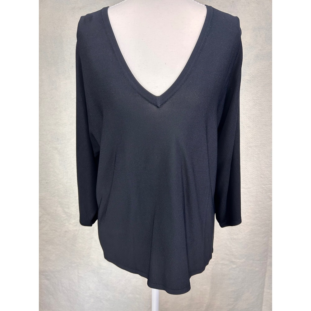 Zara Quiet Luxury Minimalist Black Ribbed Knit Top Three Quarter Sleeve M